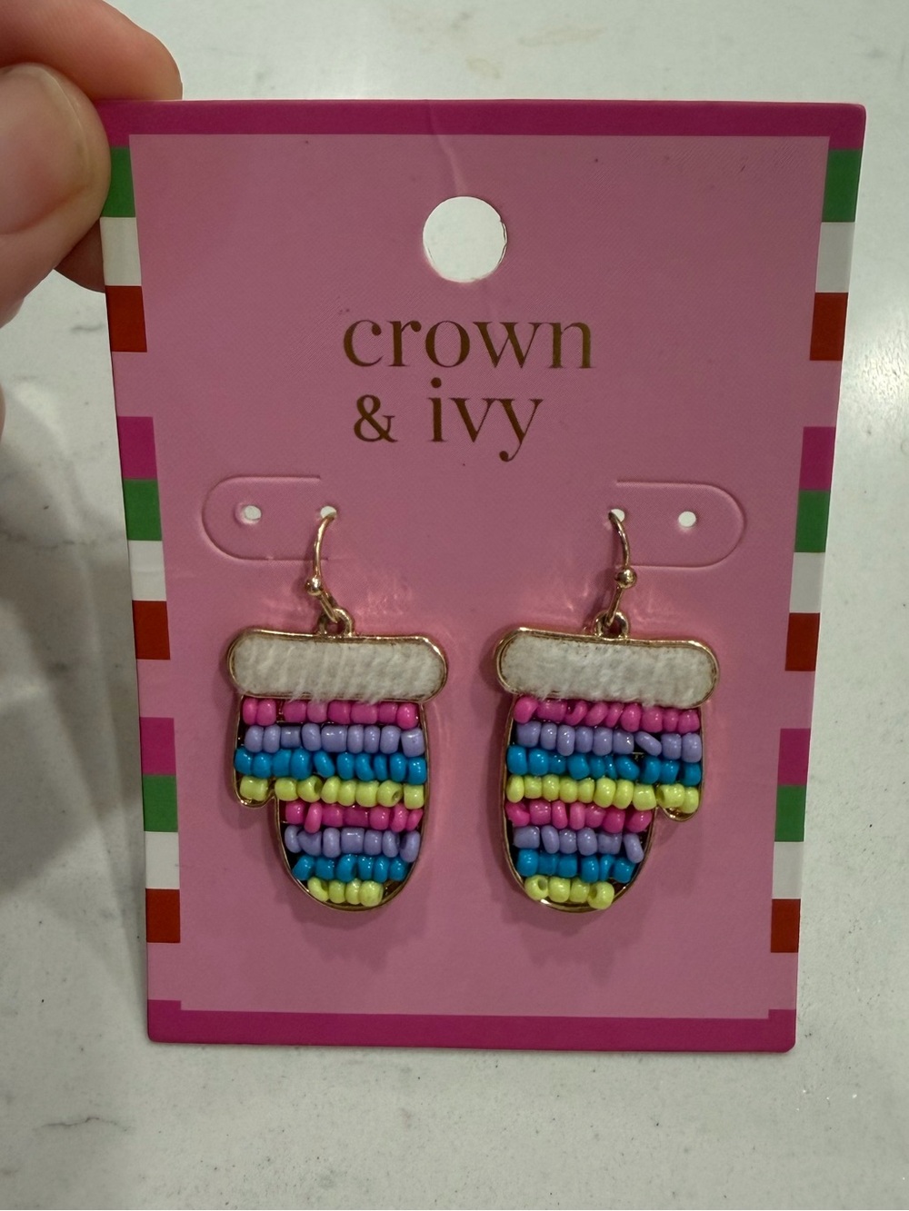 crown & ivy Pink Multicolor Beaded Mitten Dangle Earrings